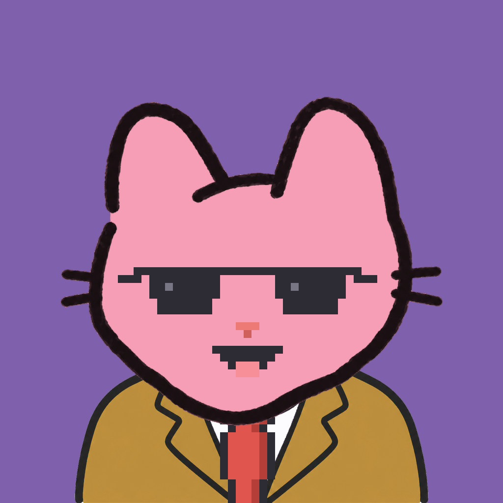 Employee #1238 — a pink cat, in a mustard suit, with a red tie, wearing shades glasses, on plasma violet