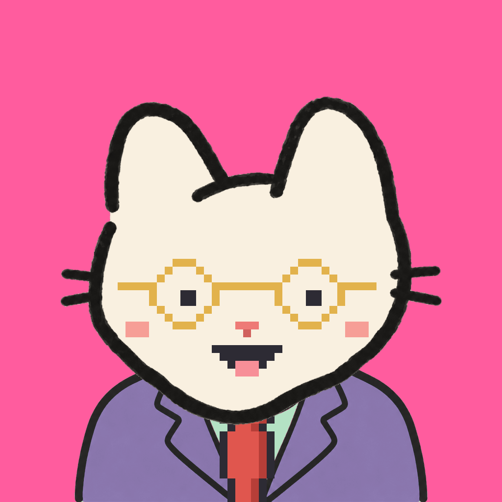 Employee #1239 — a cream cat, in a lavender suit, with a red tie, wearing round-gold glasses, on hot pink