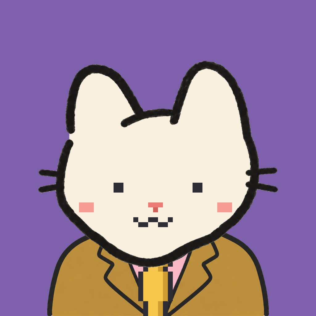 Employee #0124 — a cream cat, in a mustard suit, with a gold tie, on plasma violet
