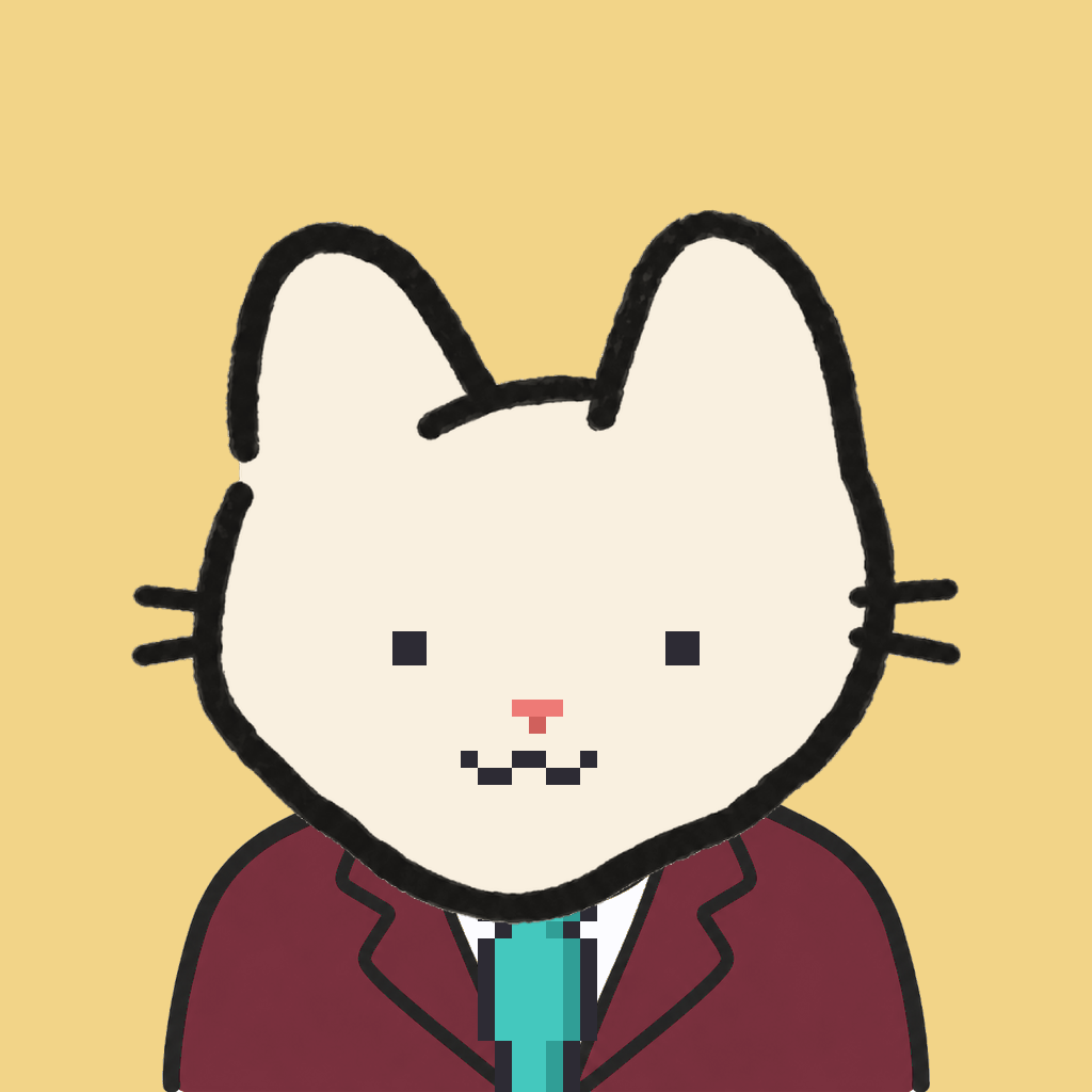 Employee #1240 — a cream cat, in a burgundy suit, with a teal tie, on butter