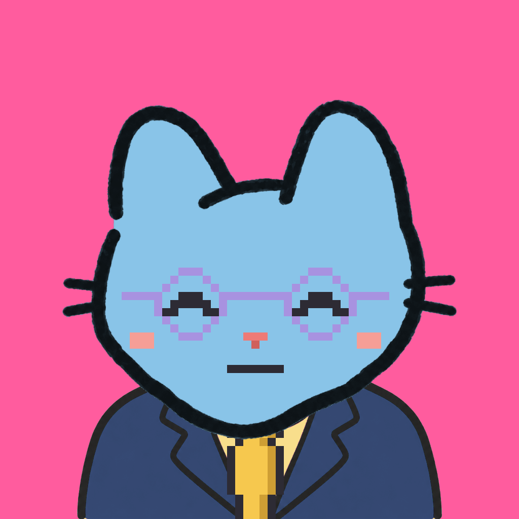 Employee #1241 — a sky cat, in a navy suit, with a gold tie, wearing round-lavender glasses, on hot pink