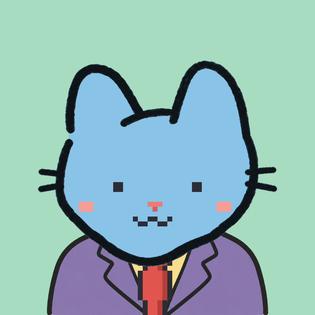 Employee #1242 — a sky cat, in a lavender suit, with a red tie, on mint