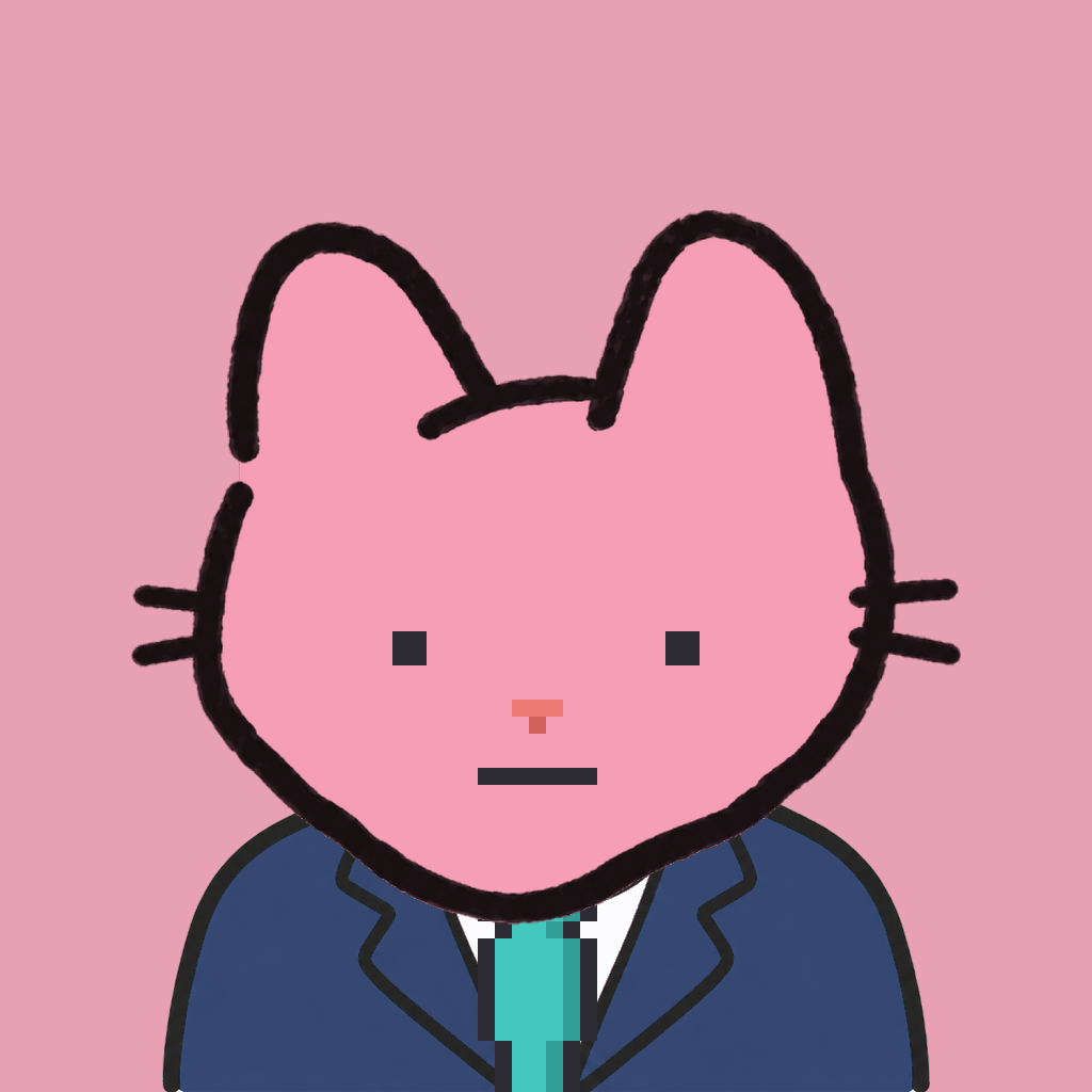 Employee #1243 — a pink cat, in a navy suit, with a teal tie, on rose