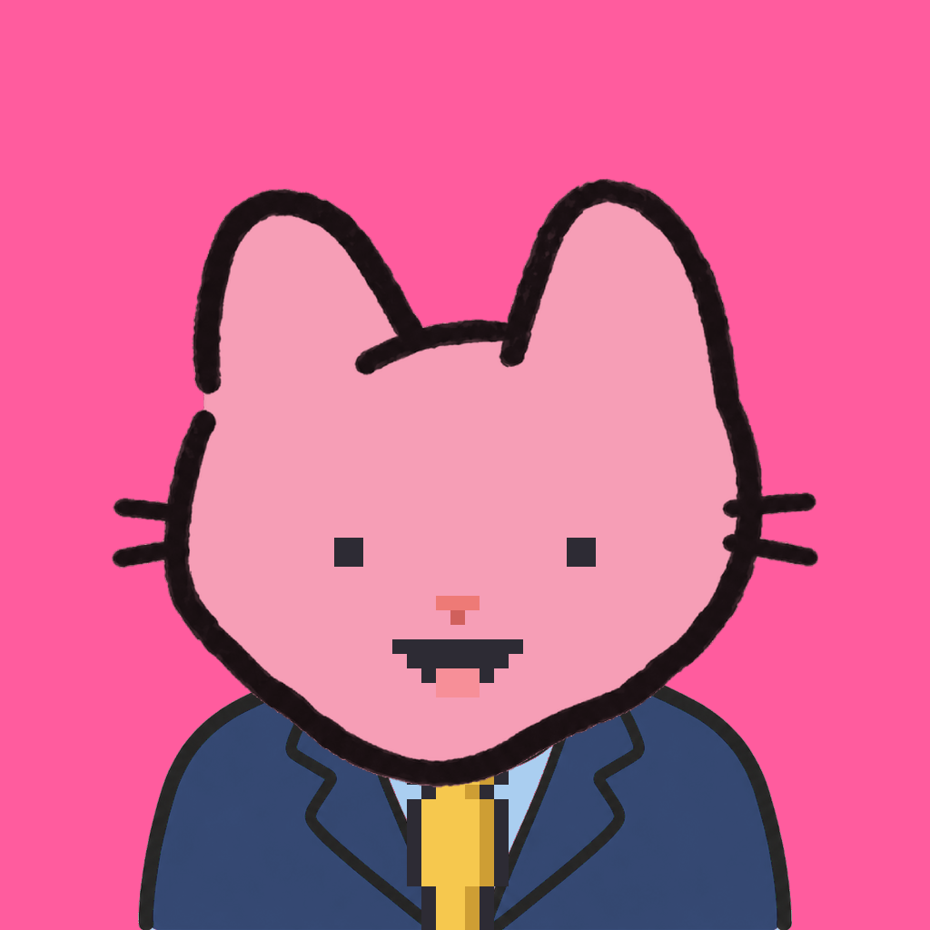 Employee #1244 — a pink cat, in a navy suit, with a gold tie, on hot pink