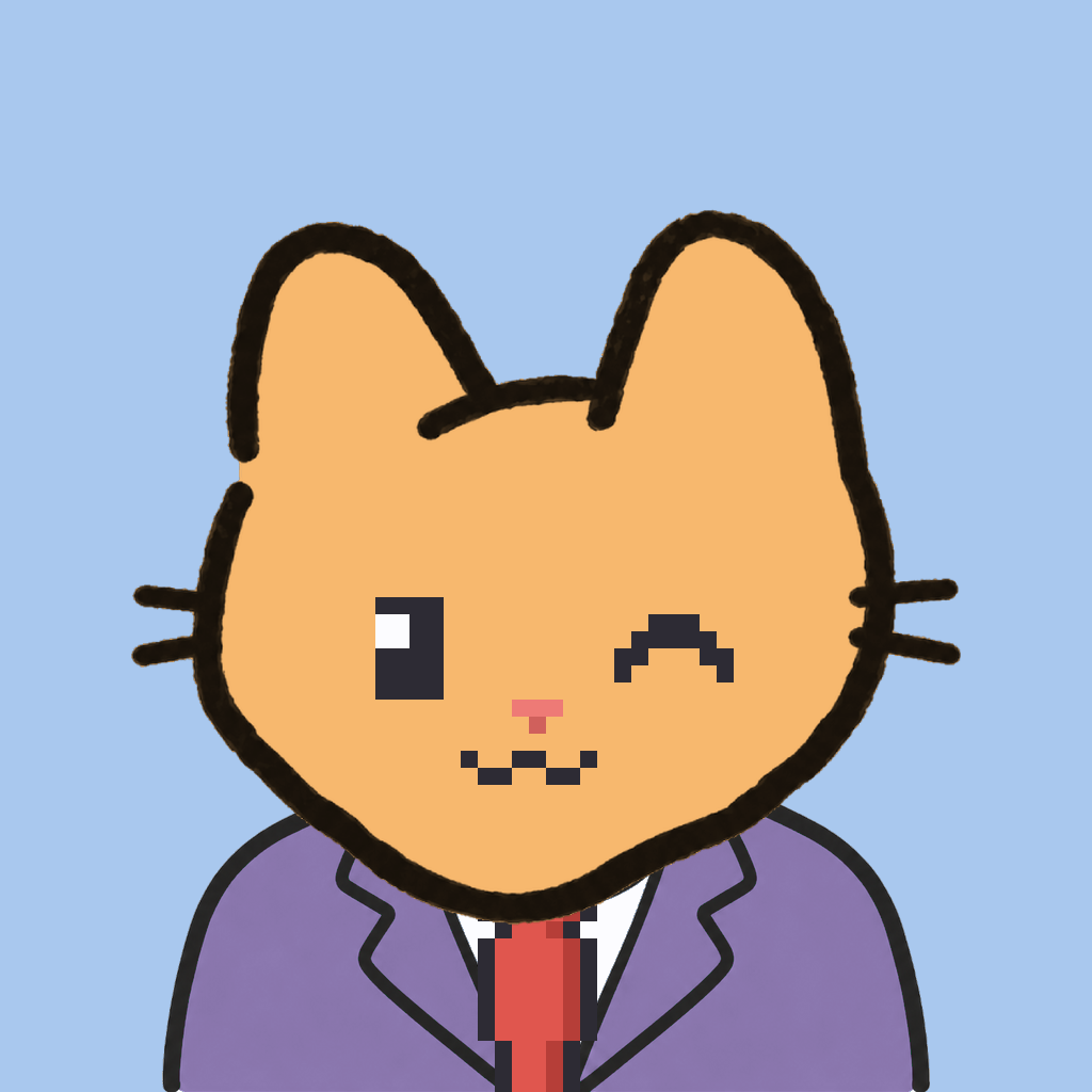 Employee #1245 — a tabby cat, in a lavender suit, with a red tie, on sky