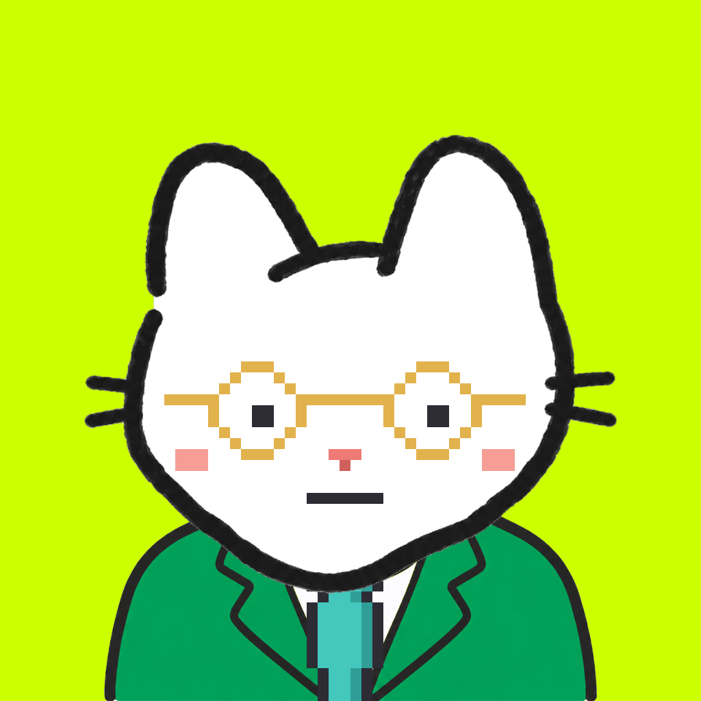 Employee #1246 — a white cat, in a green suit, with a teal tie, wearing round-gold glasses, on volt