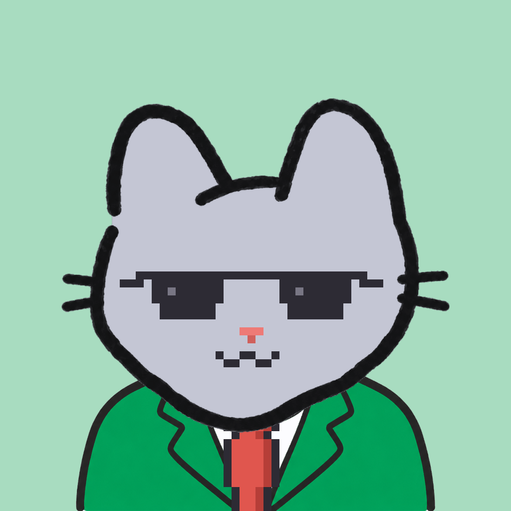 Employee #1247 — a gray cat, in a green suit, with a red tie, wearing shades glasses, on mint