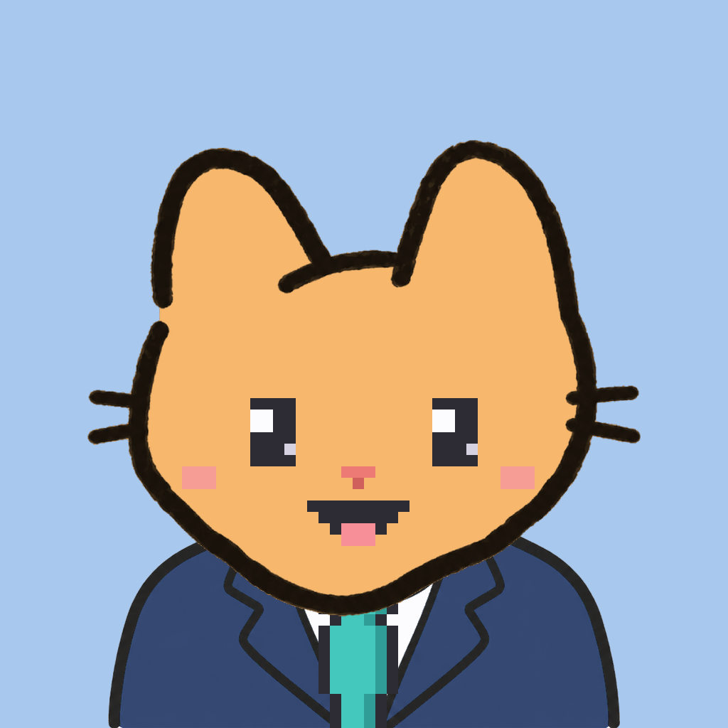 Employee #1248 — a tabby cat, in a navy suit, with a teal tie, on sky