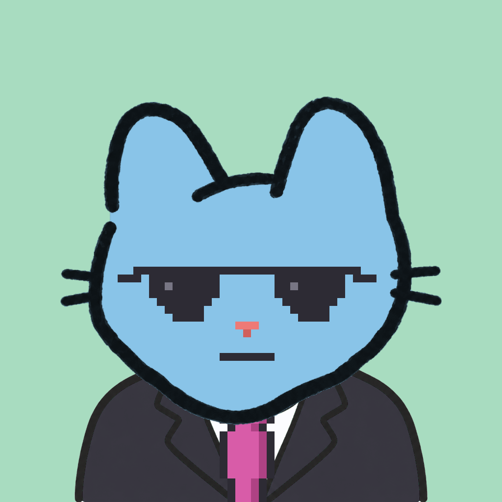 Employee #1249 — a sky cat, in a black suit, with a magenta tie, wearing shades glasses, on mint