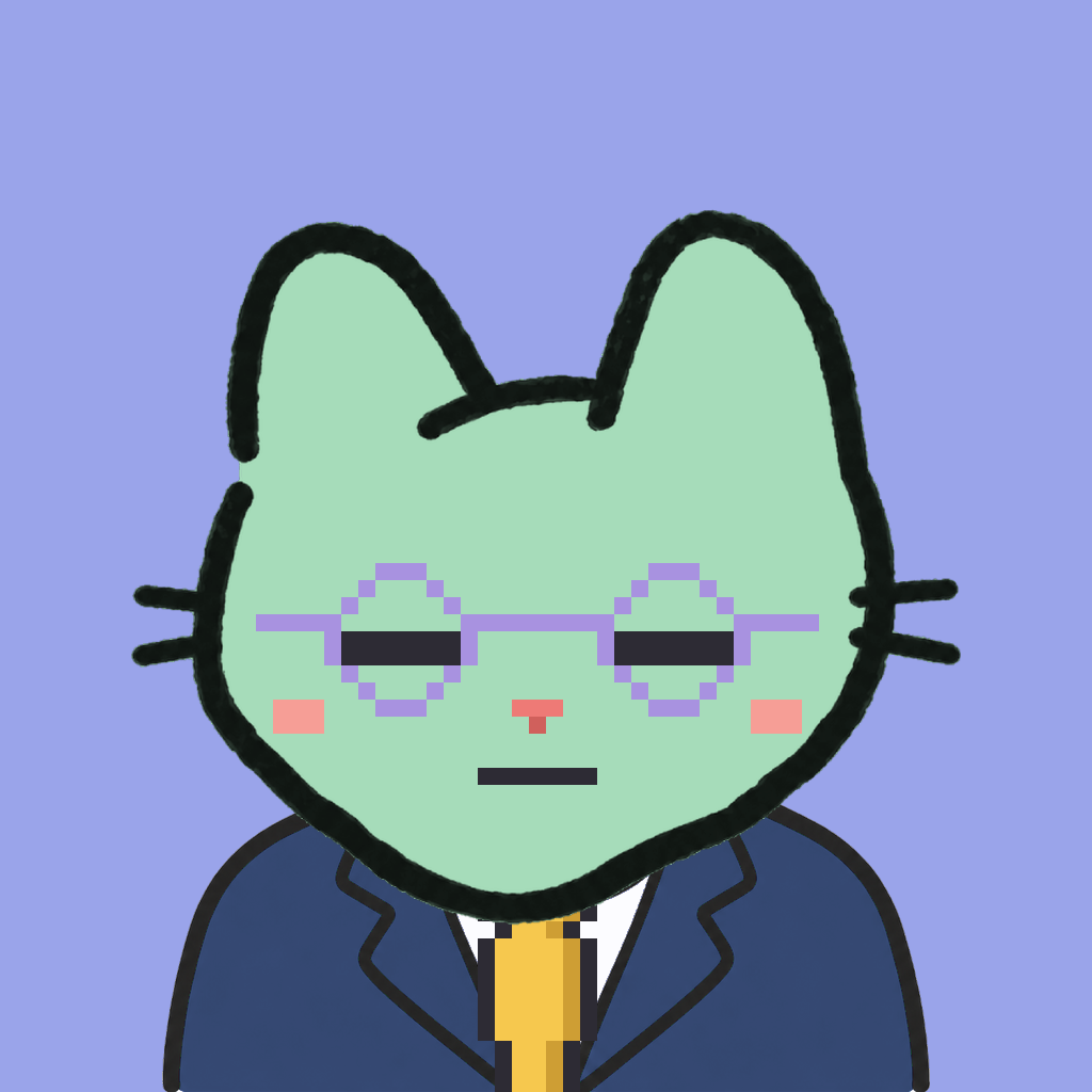Employee #0125 — a mint cat, in a navy suit, with a gold tie, wearing round-lavender glasses, on periwinkle