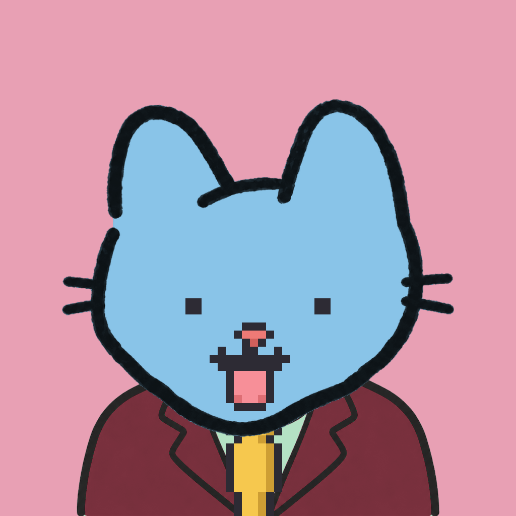 Employee #1250 — a sky cat, in a burgundy suit, with a gold tie, on rose