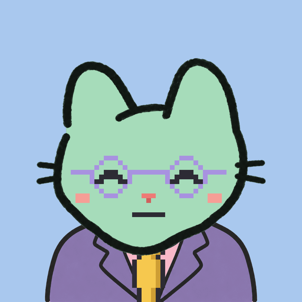 Employee #1251 — a mint cat, in a lavender suit, with a gold tie, wearing round-lavender glasses, on sky