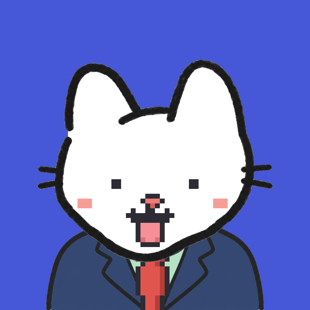 Employee #1252 — a white cat, in a navy suit, with a red tie, on royal