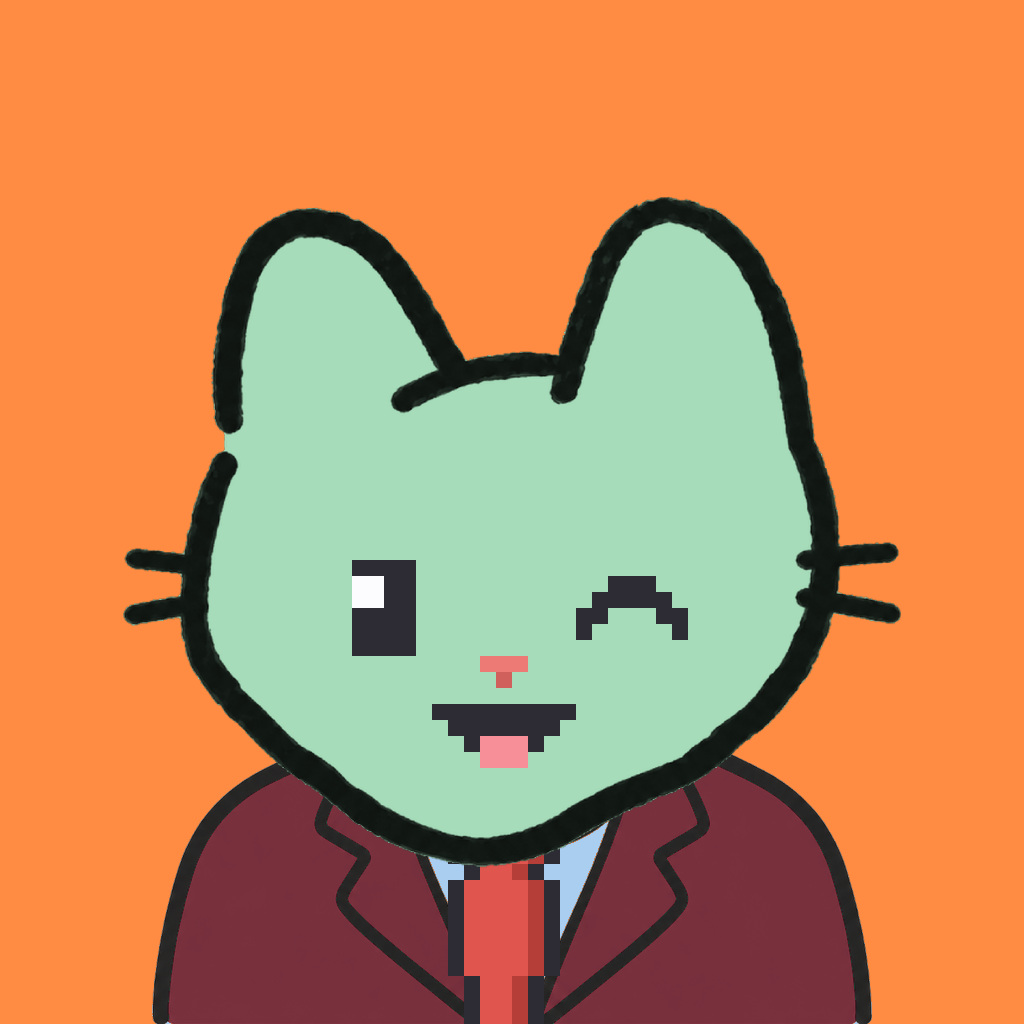 Employee #1253 — a mint cat, in a burgundy suit, with a red tie, on tangerine