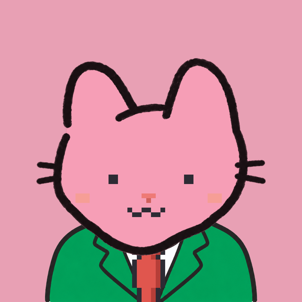 Employee #1254 — a pink cat, in a green suit, with a red tie, on rose