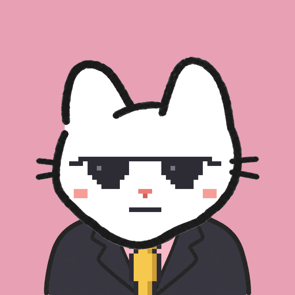 Employee #1255 — a white cat, in a black suit, with a gold tie, wearing shades glasses, on rose