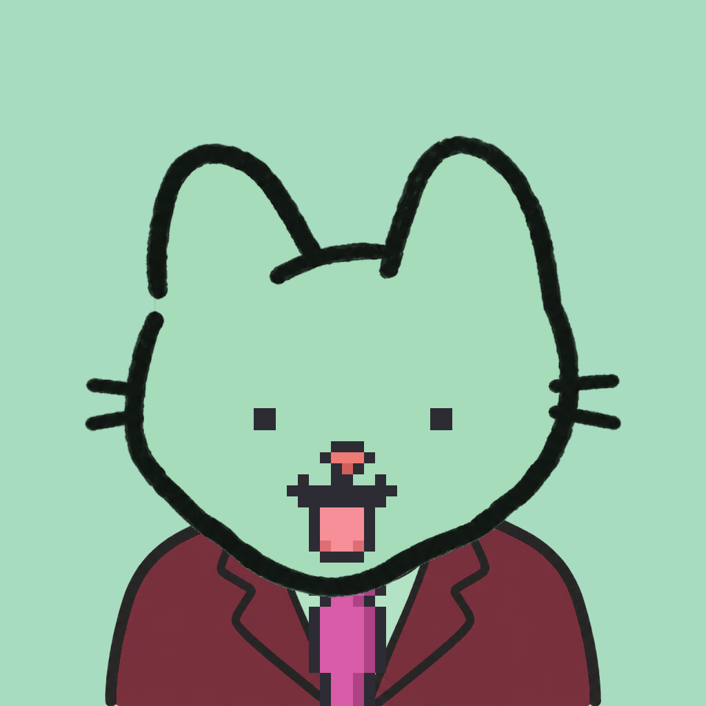 Employee #1256 — a mint cat, in a burgundy suit, with a magenta tie, on mint
