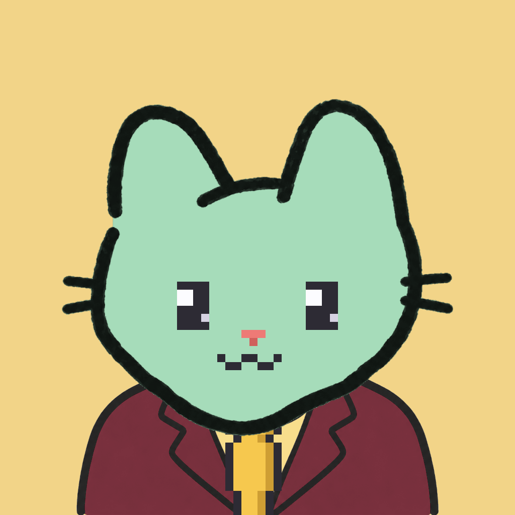 Employee #1257 — a mint cat, in a burgundy suit, with a gold tie, on butter