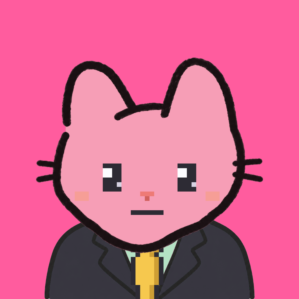 Employee #1258 — a pink cat, in a black suit, with a gold tie, on hot pink