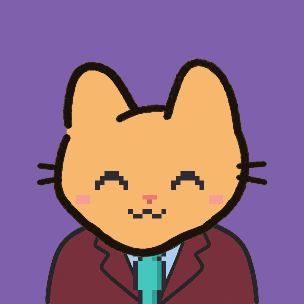 Employee #1259 — a tabby cat, in a burgundy suit, with a teal tie, on plasma violet
