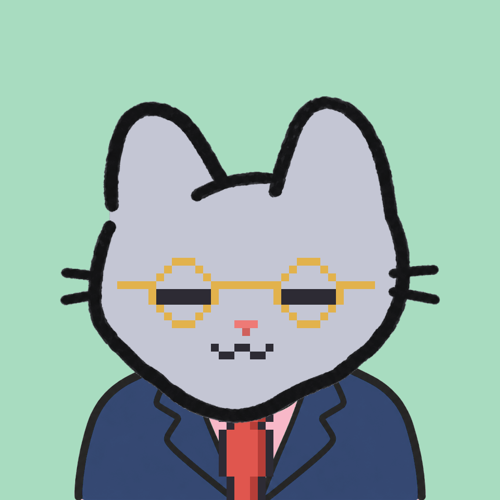 Employee #0126 — a gray cat, in a navy suit, with a red tie, wearing round-gold glasses, on mint
