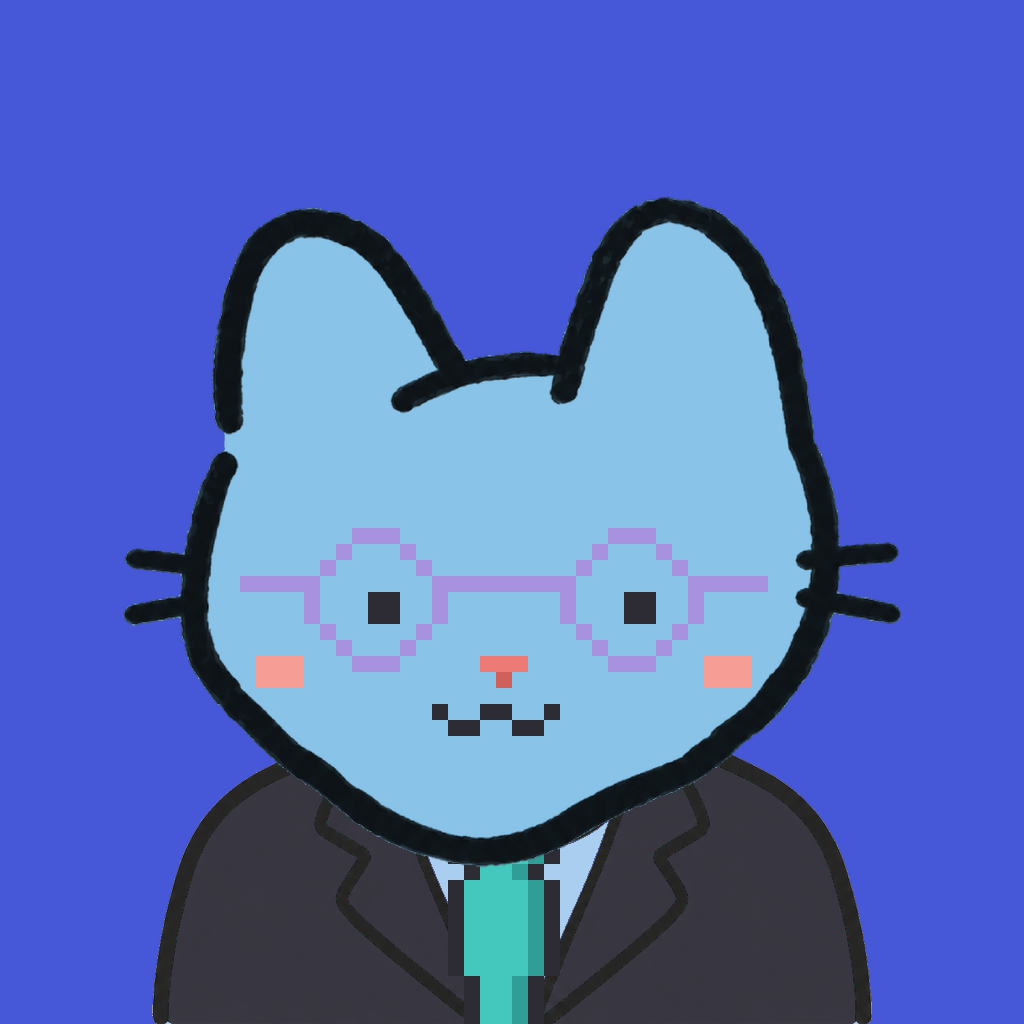 Employee #1260 — a sky cat, in a black suit, with a teal tie, wearing round-lavender glasses, on royal