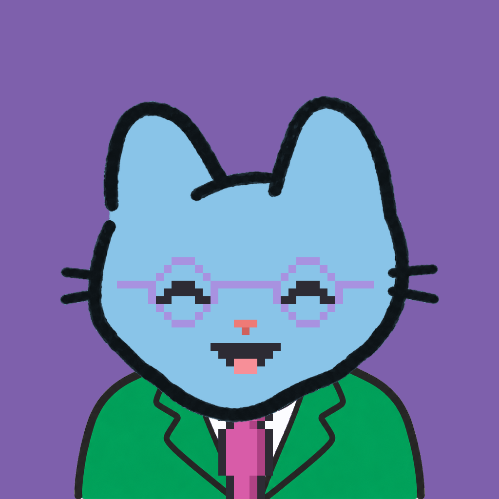 Employee #1261 — a sky cat, in a green suit, with a magenta tie, wearing round-lavender glasses, on plasma violet