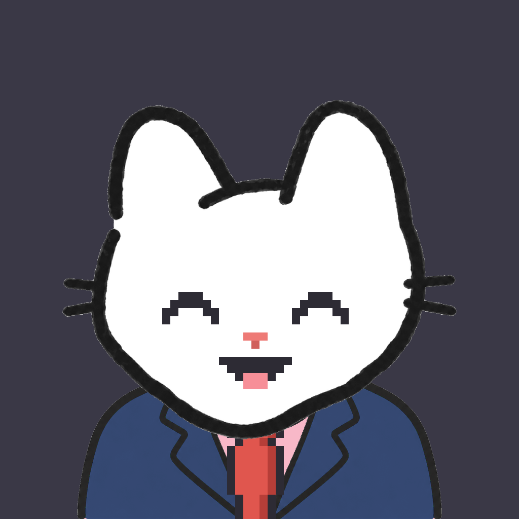 Employee #1262 — a white cat, in a navy suit, with a red tie, on charcoal