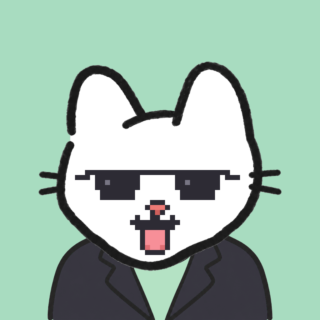 Employee #1263 — a white cat, in a black suit, wearing shades glasses, on mint
