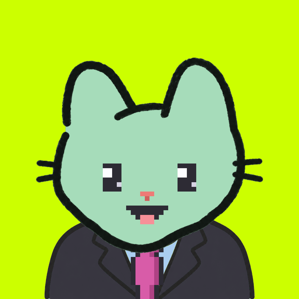 Employee #1264 — a mint cat, in a black suit, with a magenta tie, on volt