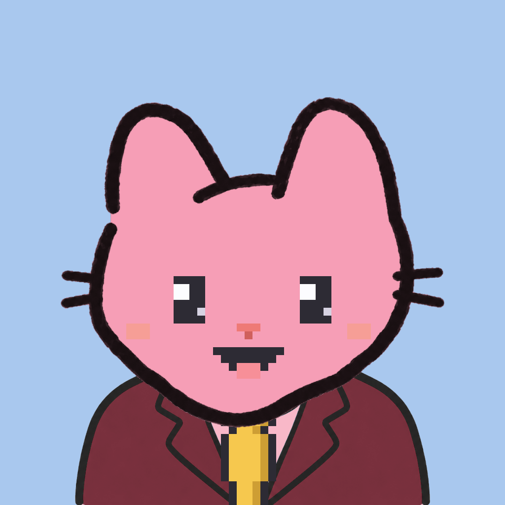 Employee #1265 — a pink cat, in a burgundy suit, with a gold tie, on sky