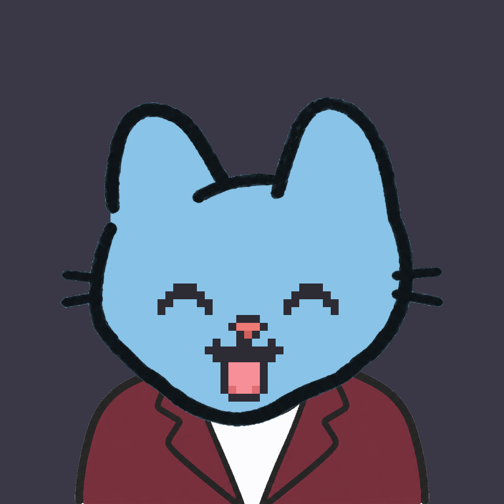 Employee #1267 — a sky cat, in a burgundy suit, on charcoal