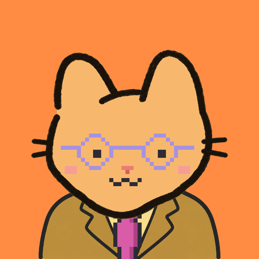 Employee #1268 — a tabby cat, in a mustard suit, with a magenta tie, wearing round-lavender glasses, on tangerine