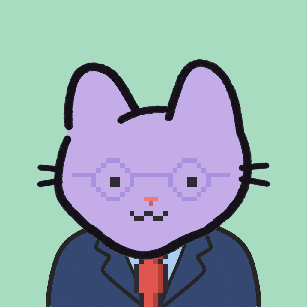 Employee #1269 — a lavender cat, in a navy suit, with a red tie, wearing round-lavender glasses, on mint