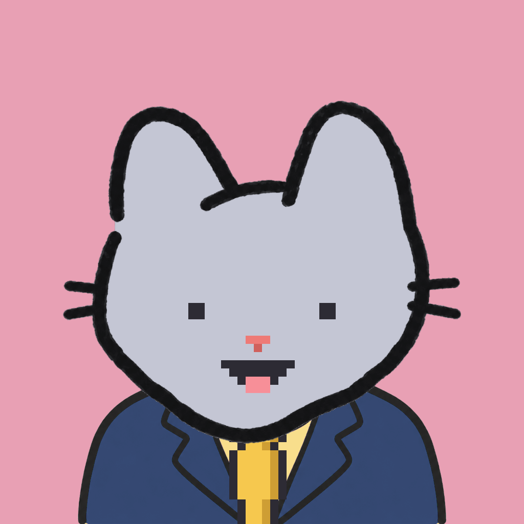 Employee #0127 — a gray cat, in a navy suit, with a gold tie, on rose