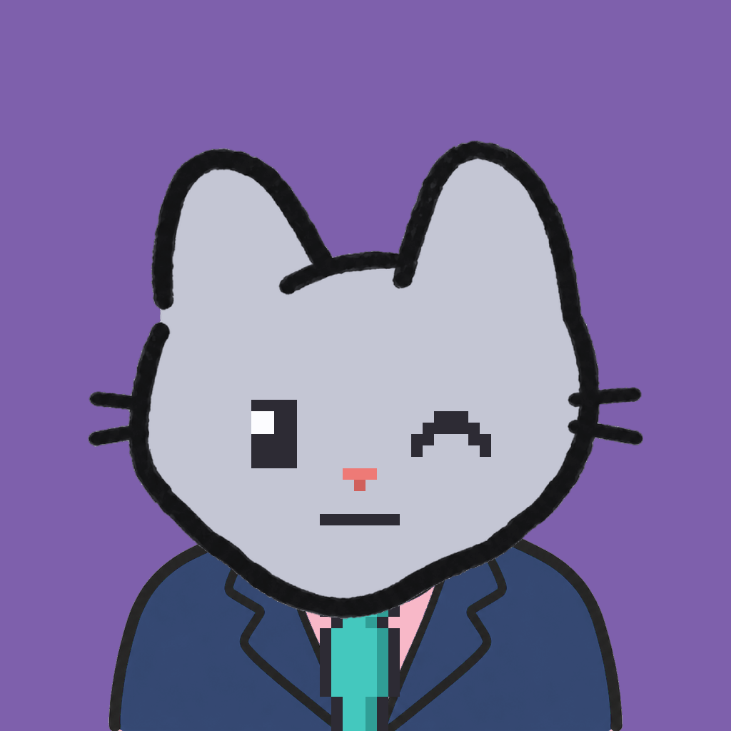 Employee #1270 — a gray cat, in a navy suit, with a teal tie, on plasma violet