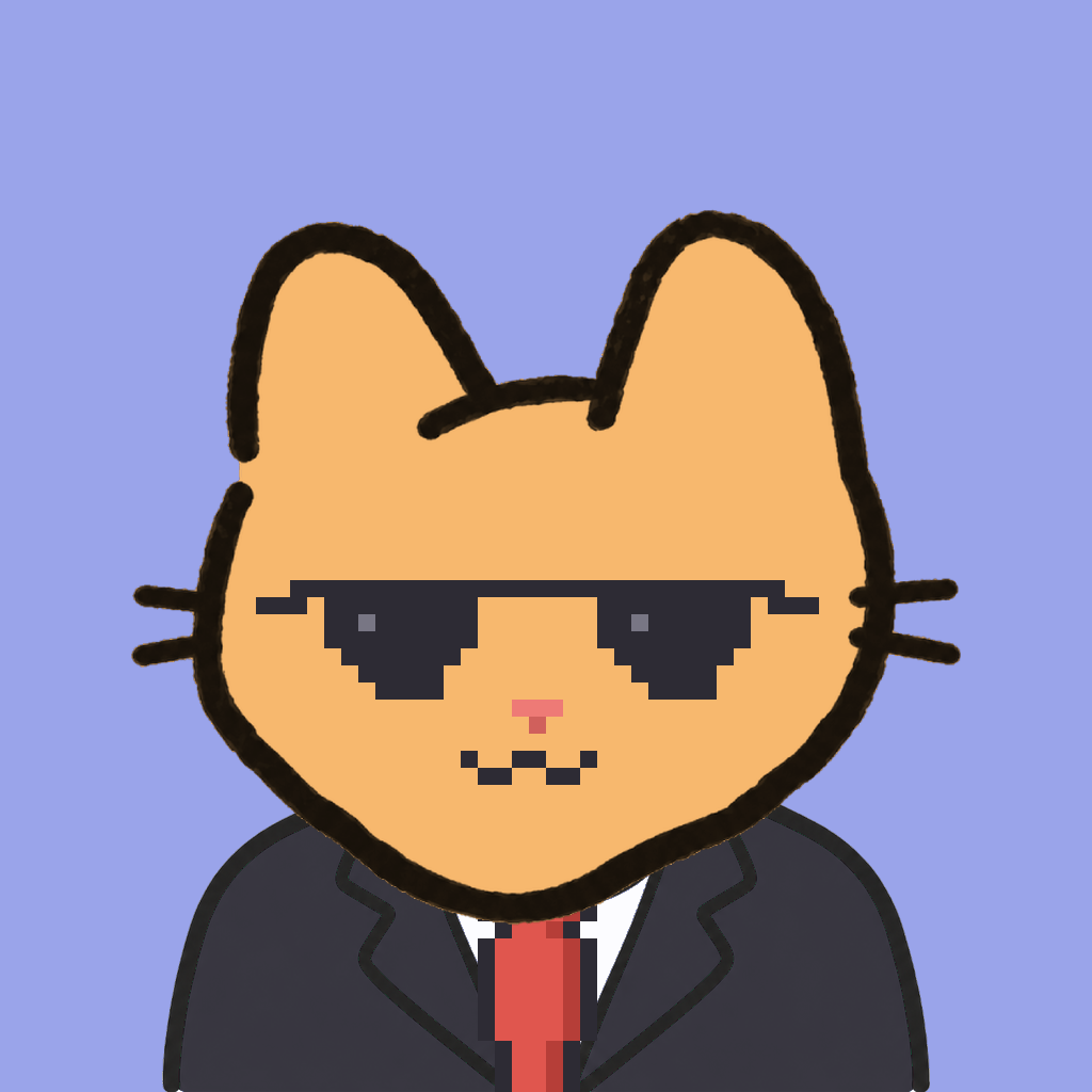 Employee #1271 — a tabby cat, in a black suit, with a red tie, wearing shades glasses, on periwinkle