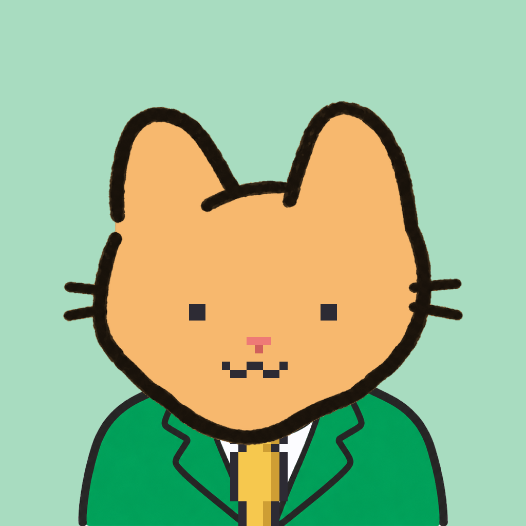 Employee #1272 — a tabby cat, in a green suit, with a gold tie, on mint