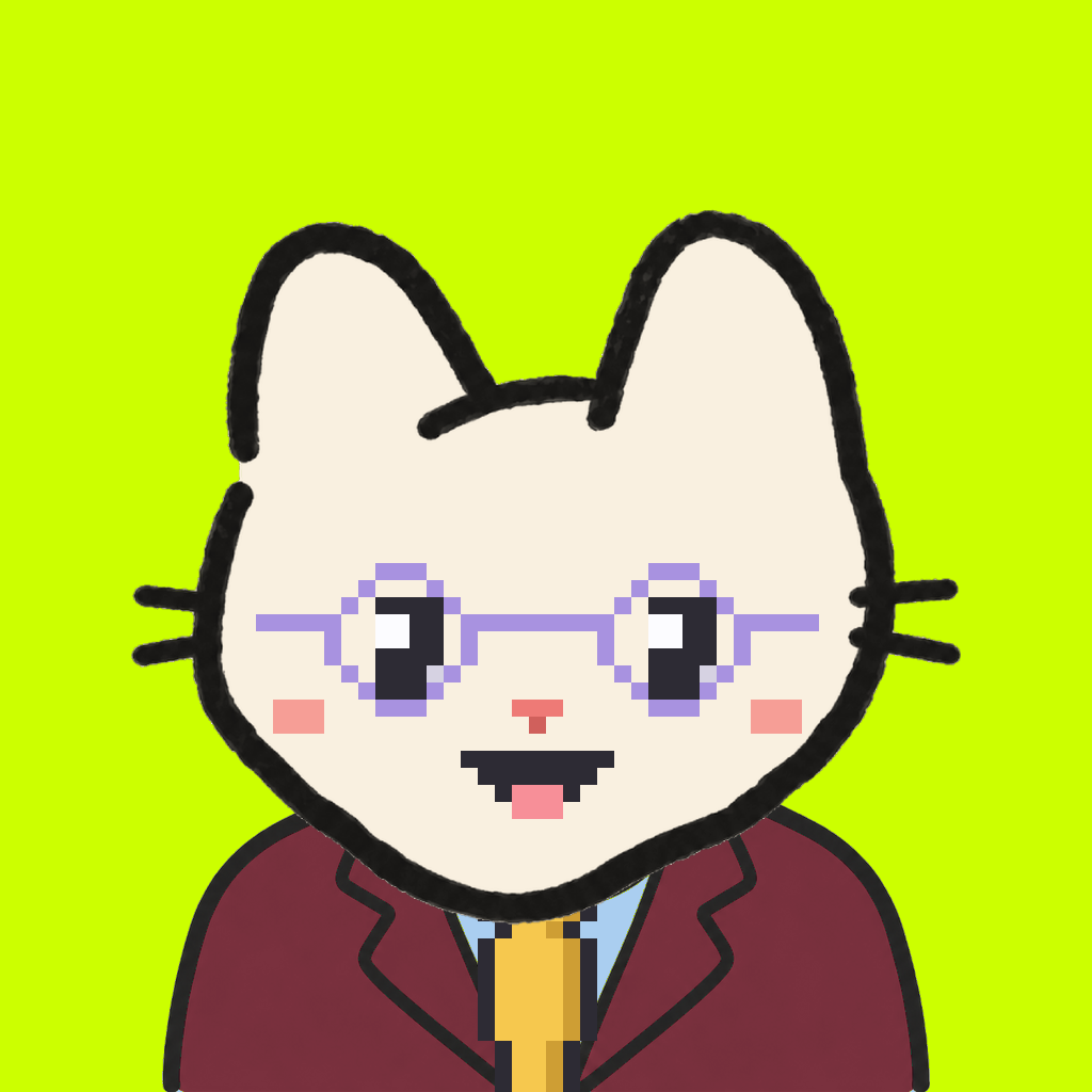Employee #1273 — a cream cat, in a burgundy suit, with a gold tie, wearing round-lavender glasses, on volt