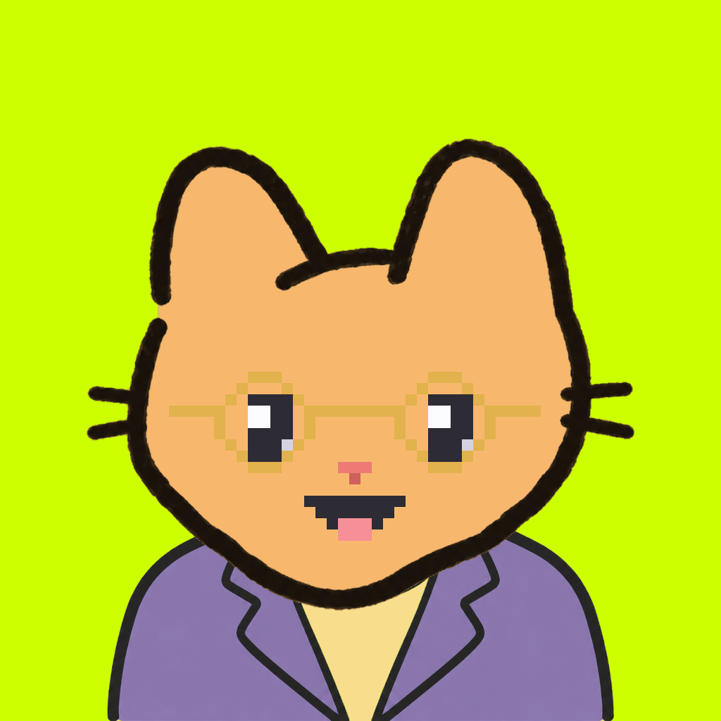 Employee #1274 — a tabby cat, in a lavender suit, wearing round-gold glasses, on volt