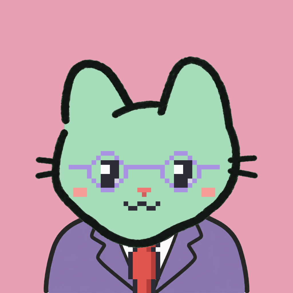 Employee #1275 — a mint cat, in a lavender suit, with a red tie, wearing round-lavender glasses, on rose