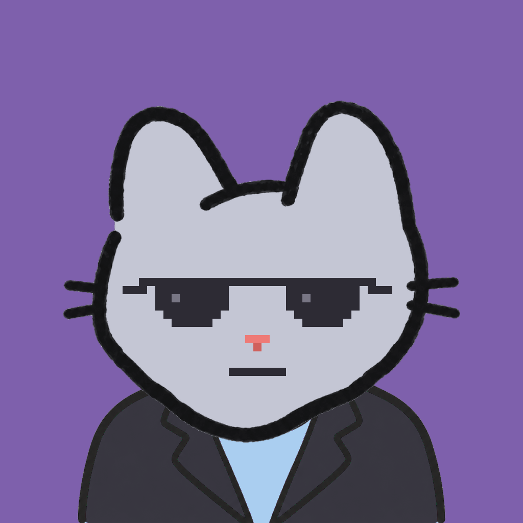 Employee #1276 — a gray cat, in a black suit, wearing shades glasses, on plasma violet