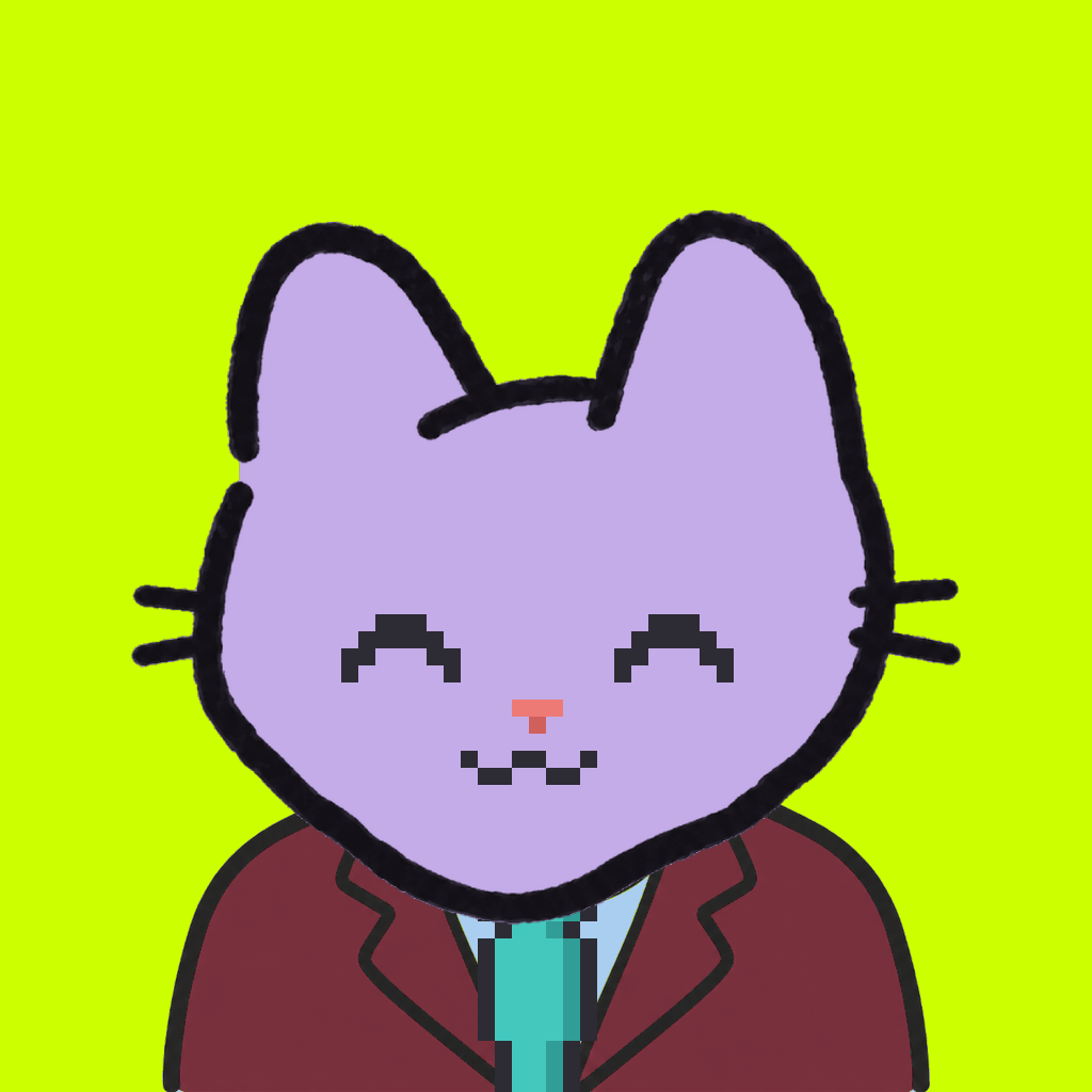 Employee #1277 — a lavender cat, in a burgundy suit, with a teal tie, on volt