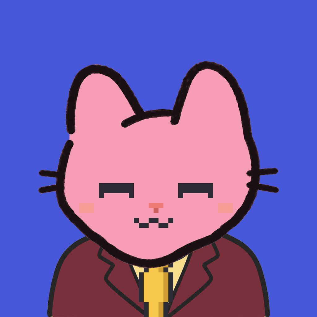 Employee #1278 — a pink cat, in a burgundy suit, with a gold tie, on royal