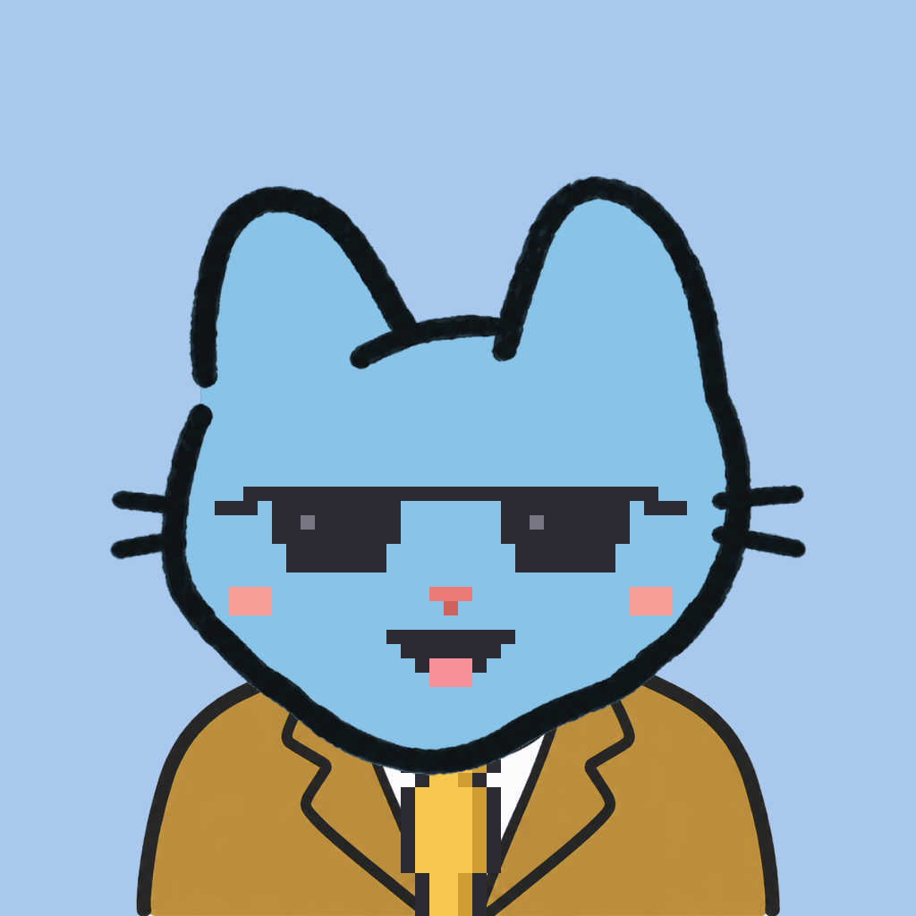 Employee #1279 — a sky cat, in a mustard suit, with a gold tie, wearing shades glasses, on sky