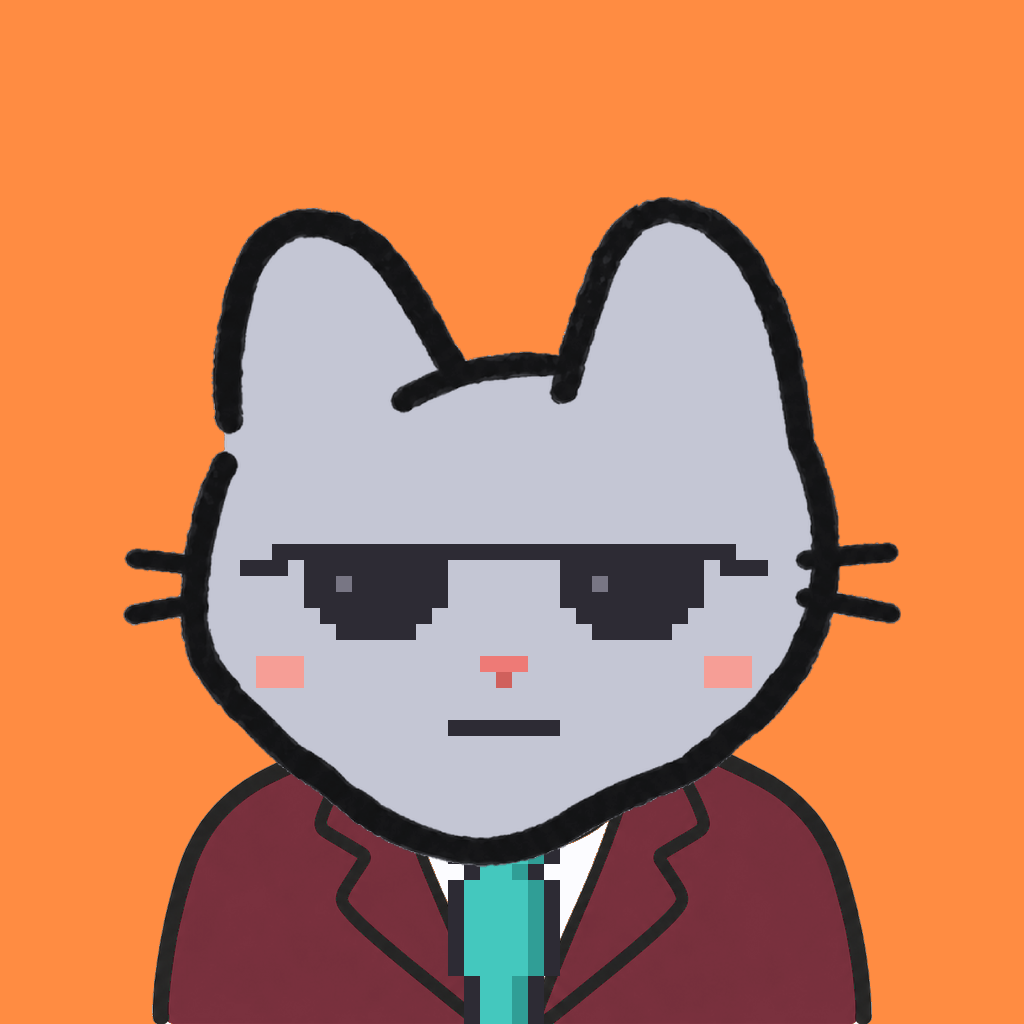 Employee #0128 — a gray cat, in a burgundy suit, with a teal tie, wearing shades glasses, on tangerine