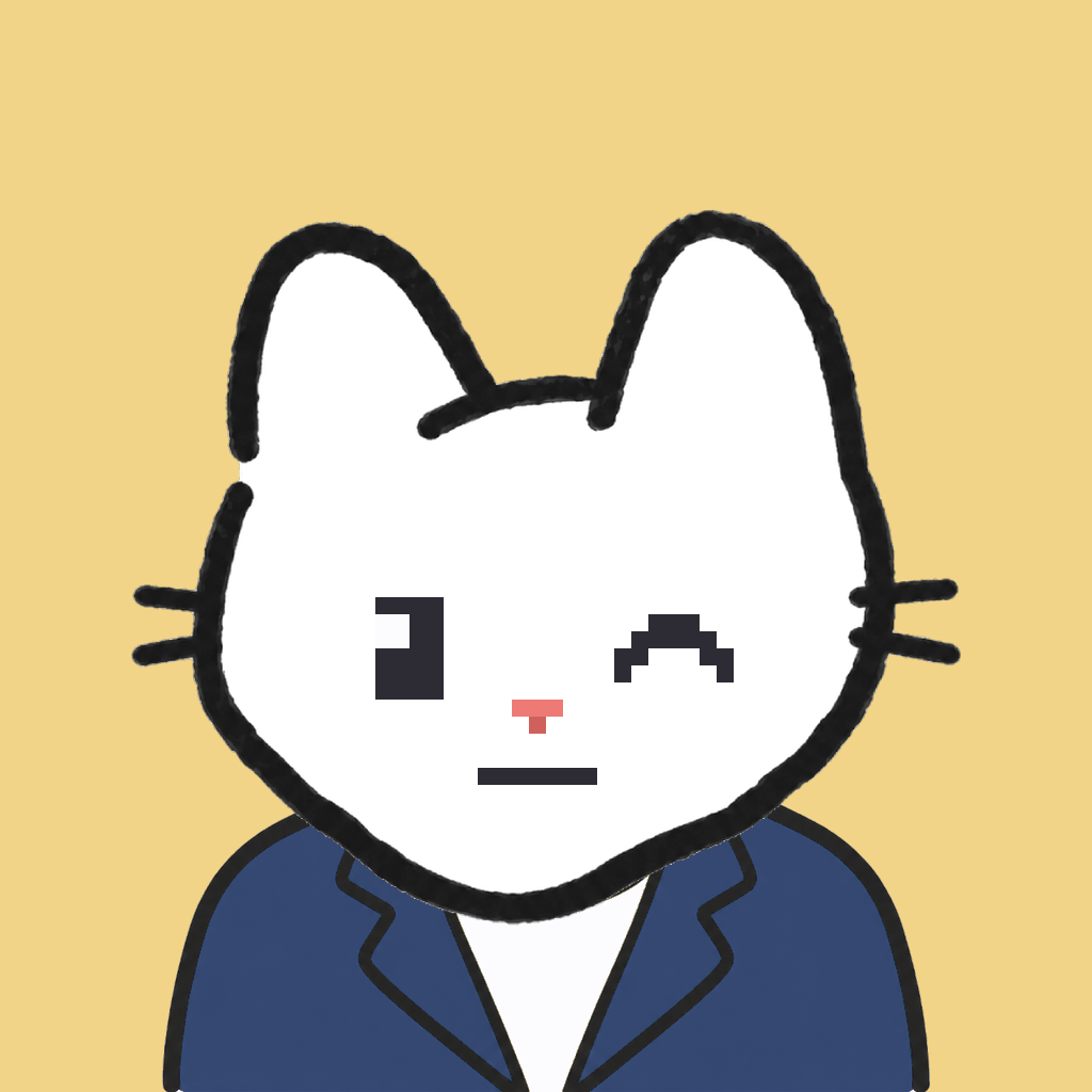 Employee #1280 — a white cat, in a navy suit, on butter