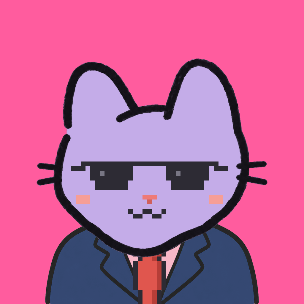 Employee #1281 — a lavender cat, in a navy suit, with a red tie, wearing shades glasses, on hot pink