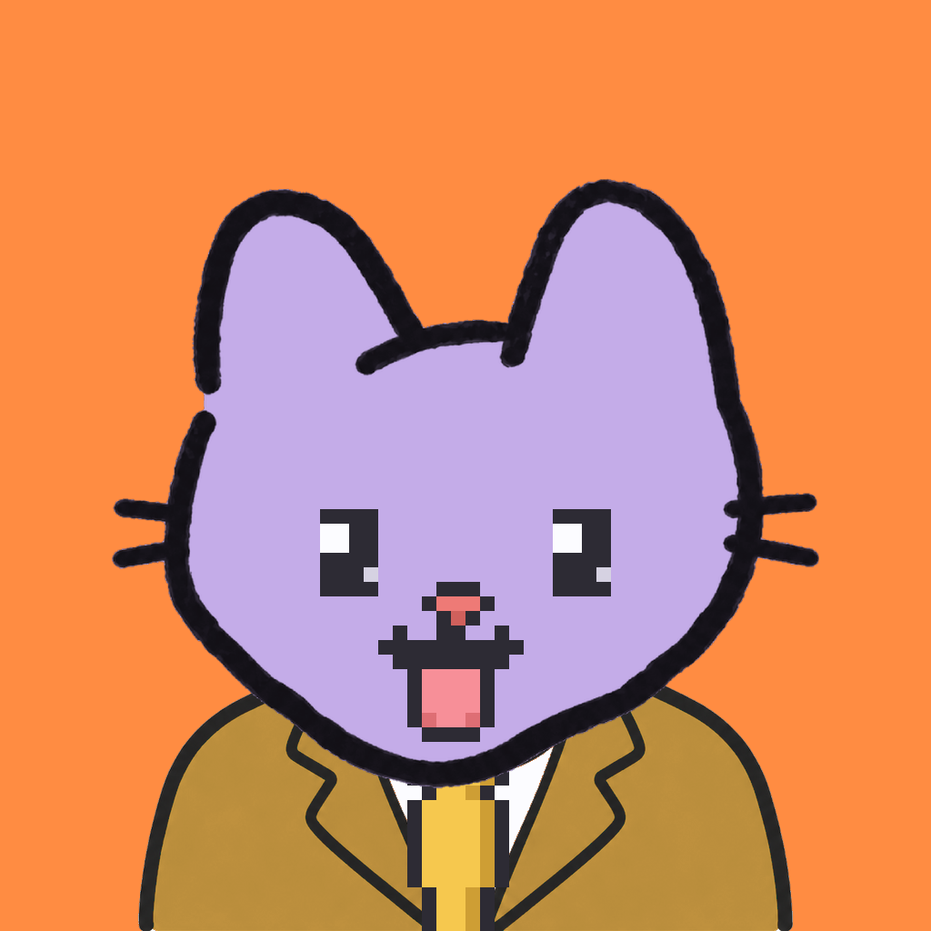 Employee #1282 — a lavender cat, in a mustard suit, with a gold tie, on tangerine