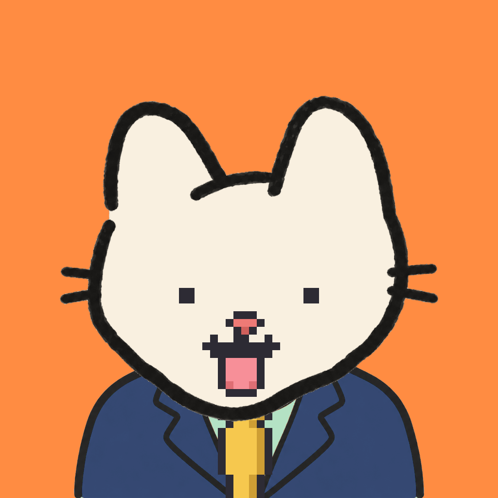 Employee #1283 — a cream cat, in a navy suit, with a gold tie, on tangerine
